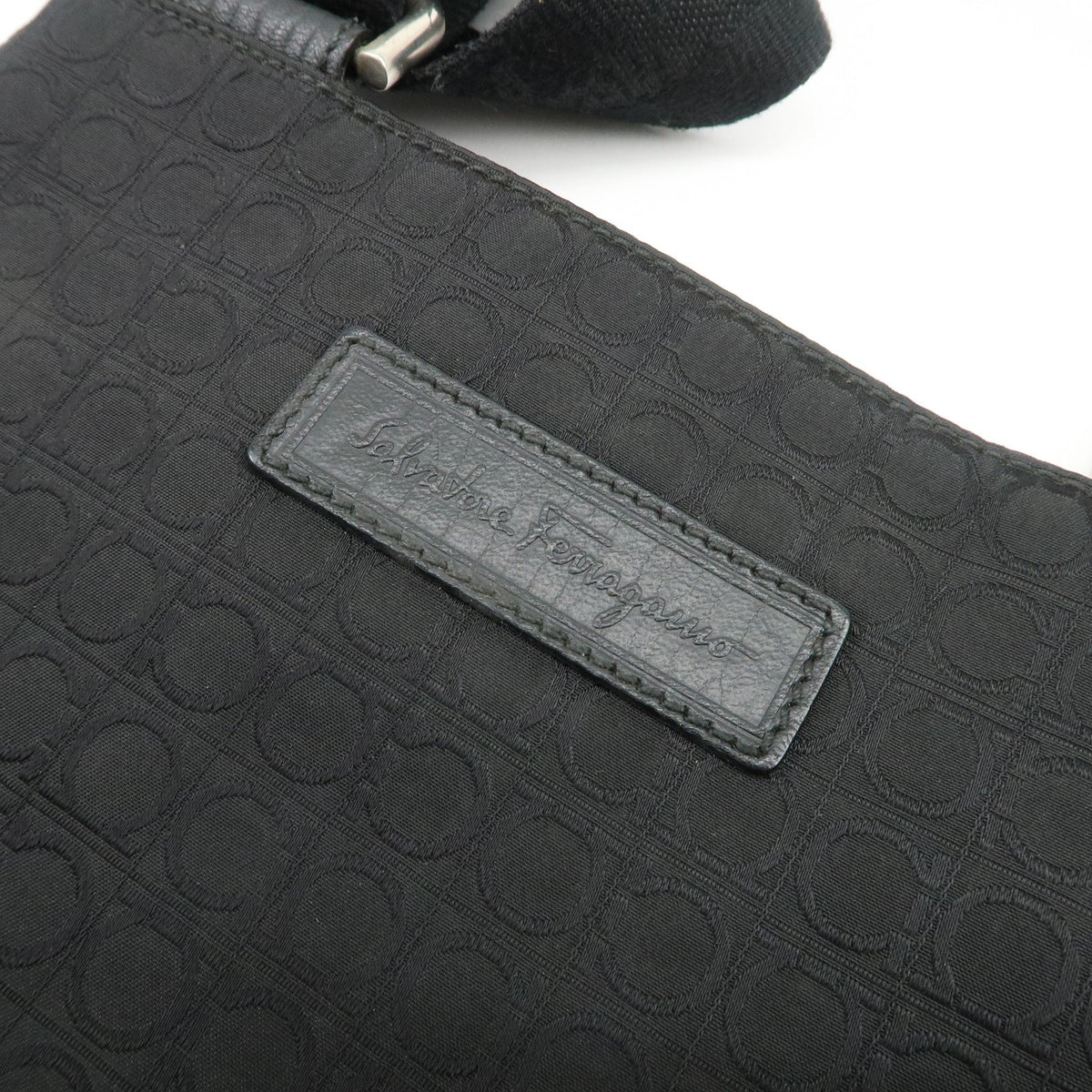 Ferragamo Gancini Canvas Shoulder Bag Black Silver HDW Authentic Used F/S19