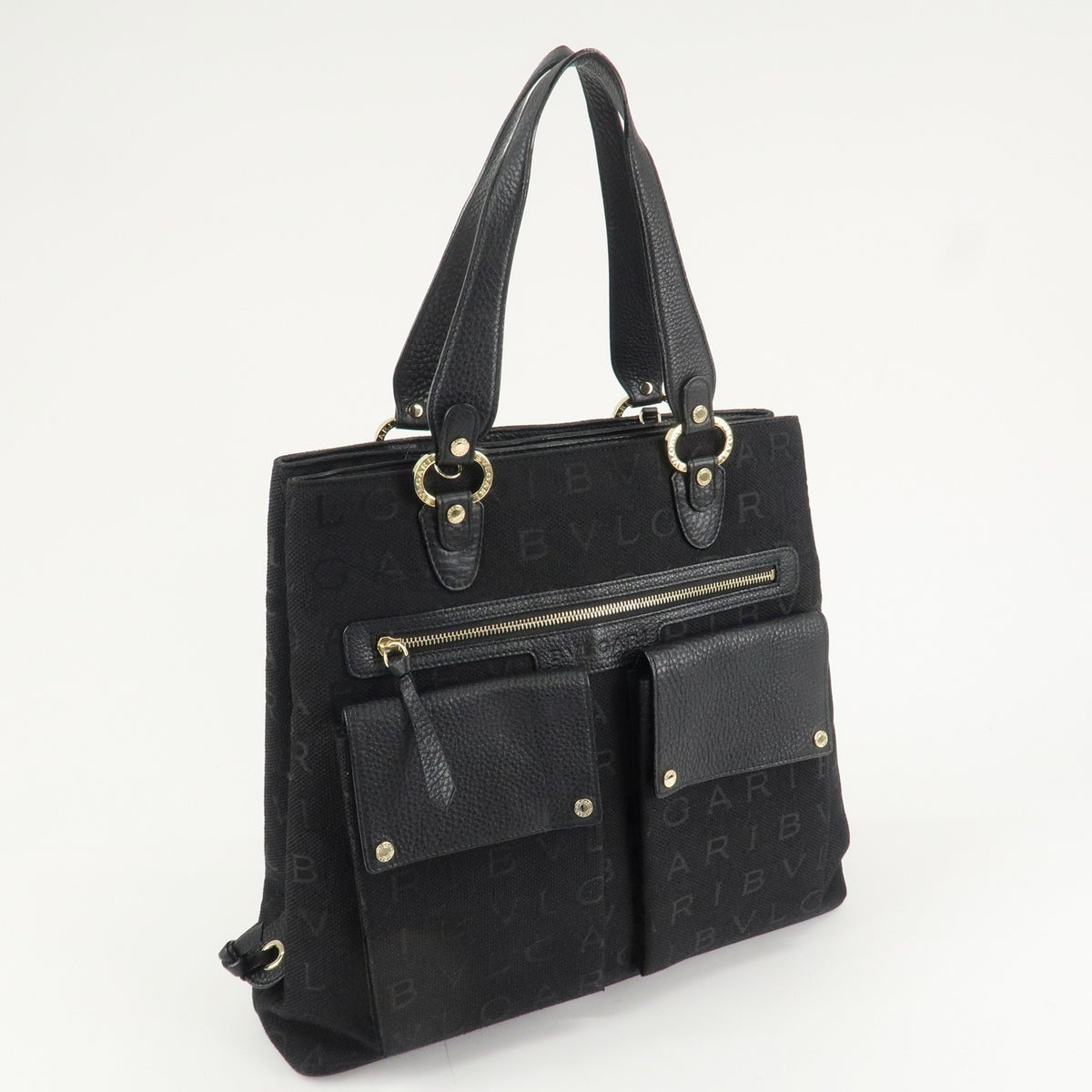 BVLGARI Logo Mania Canvas Leather Tote Bag Black Gold Hardware Auth Used F/S3