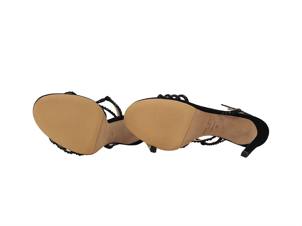 Auth Jimmy Choo Lynn100 Sandals Black Women's 38 Suede Jewel Stone Star Reuse10