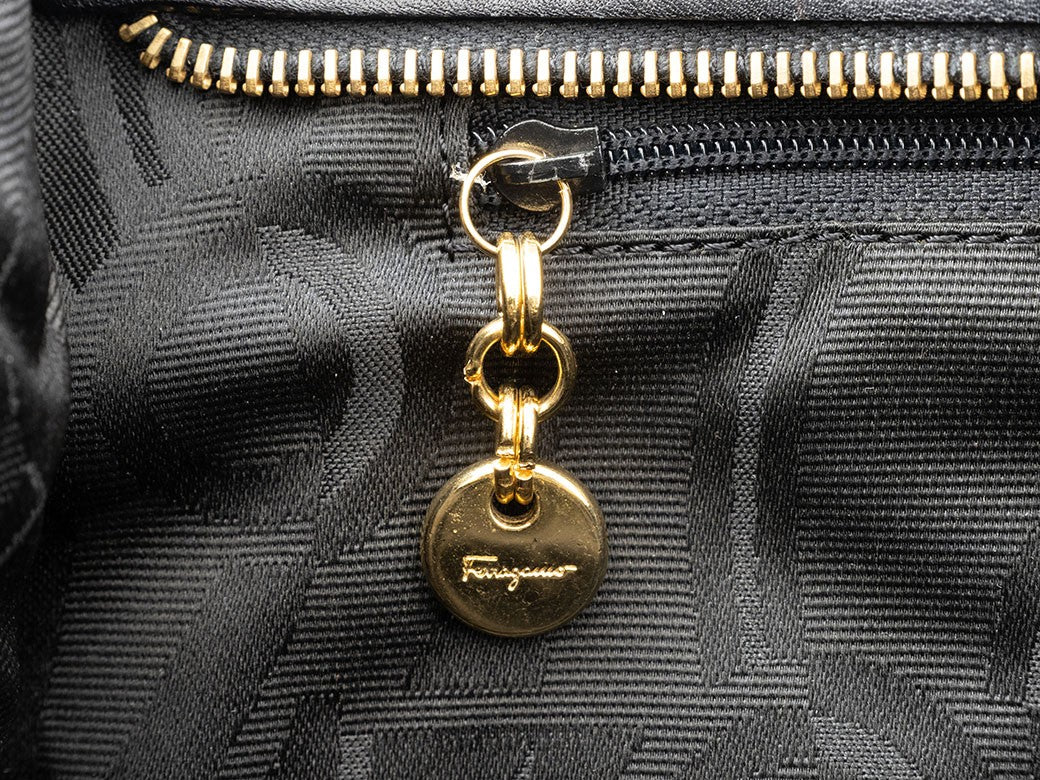 Ferragamo Vara Ribbon Womens Chain Shoulder Tote Bag Nylon Black Preowned Auth15