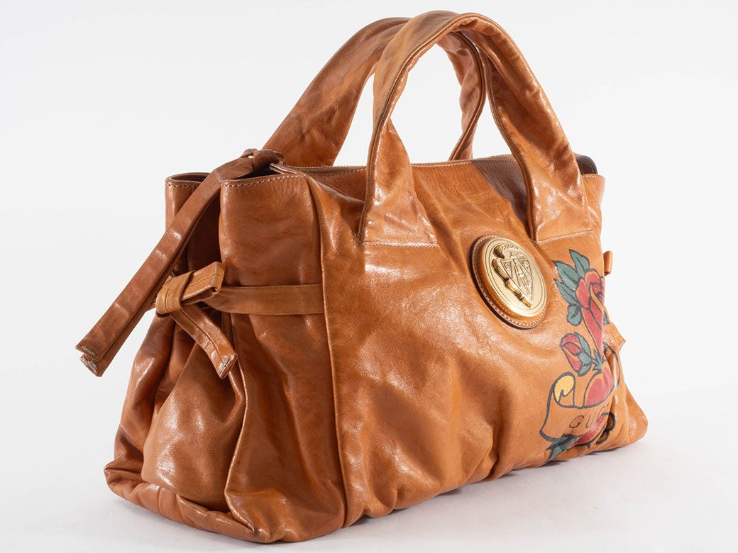 GUCCI Hysteria Floral Paint Brown Leather Handbag Flower Logo Preowned Auth6