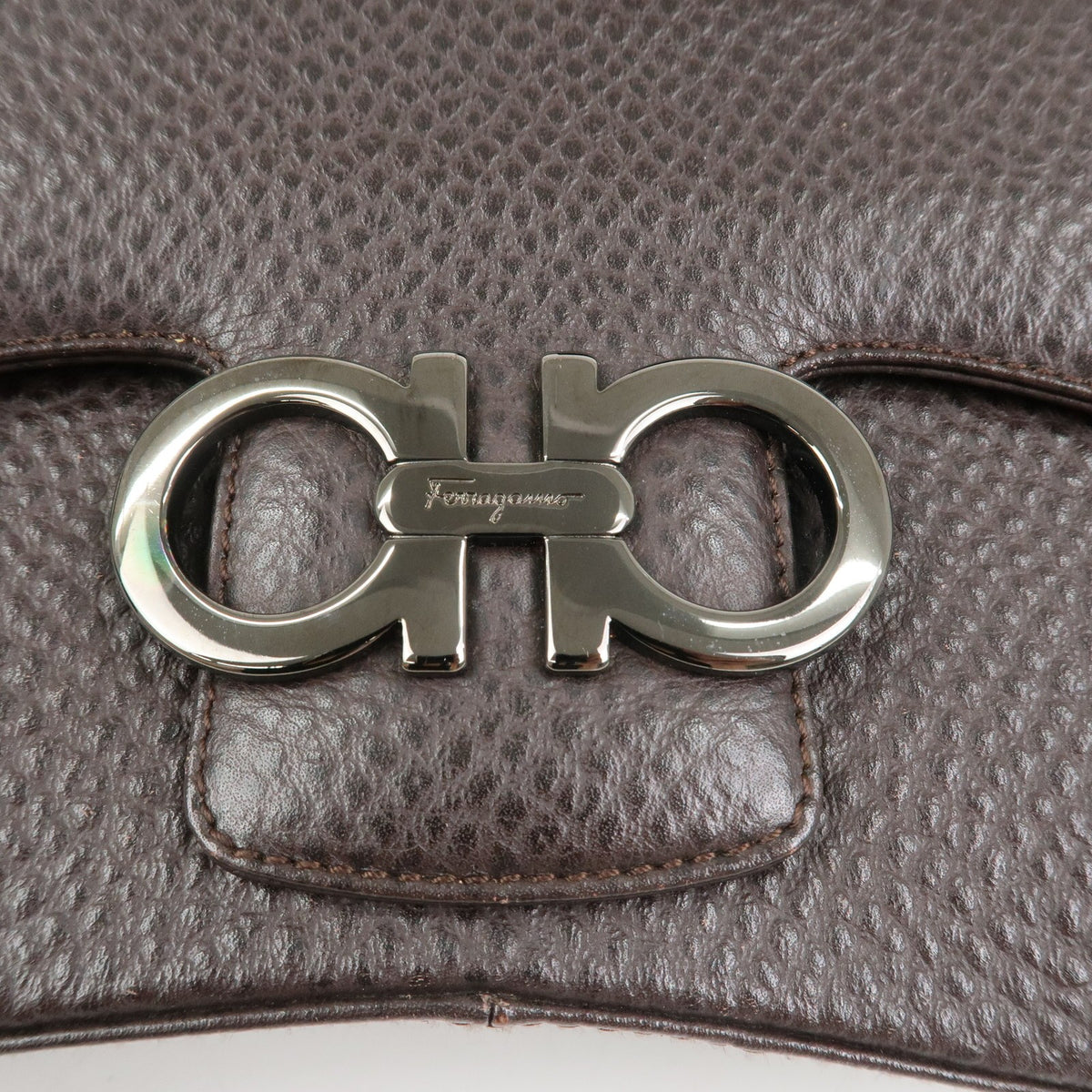 Ferragamo Gancini Logo Leather Shoulder Bag Hand Bag Brown Authentic Used F/S17