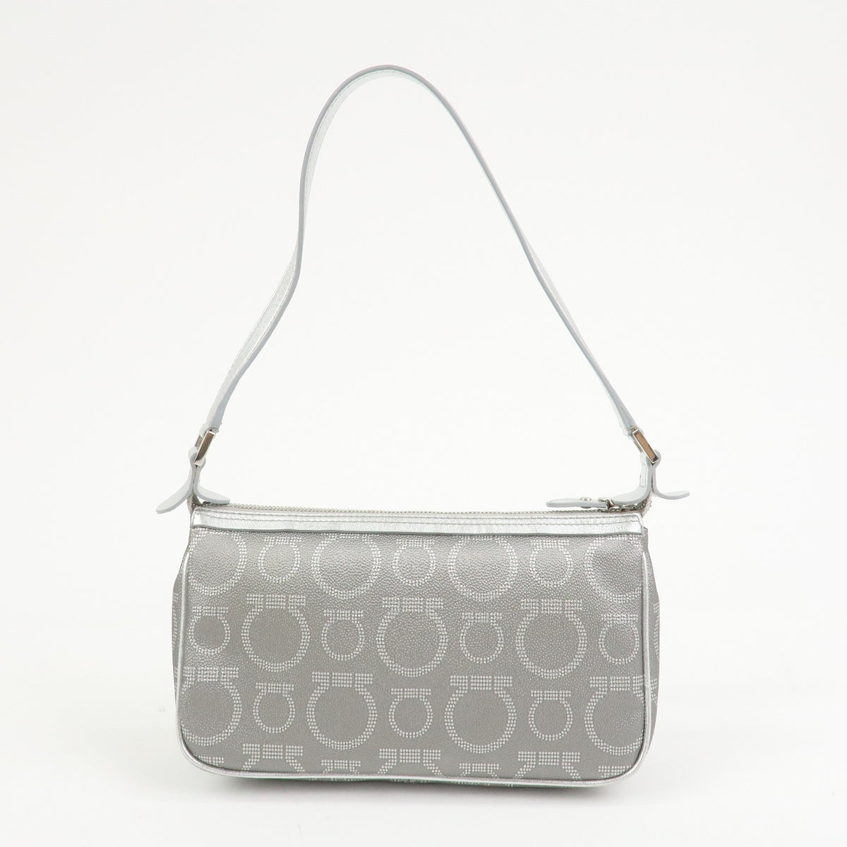 Ferragamo Gancini Logo Leather Shoulder Bag Hand Bag Silver Authentic Used F/S1