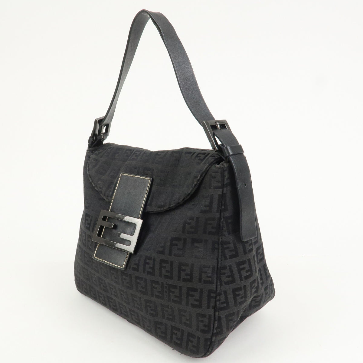 FENDI Mamma Baguette Zucca Zucchino Canvas Leather Black Shoulder Bag Preowned2