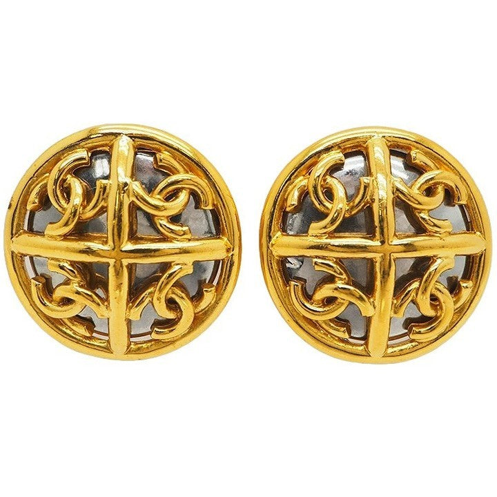 CHANEL Vintage 4P Coco Round Earrings Gold Ladies Openwork Round Preowned Auth0