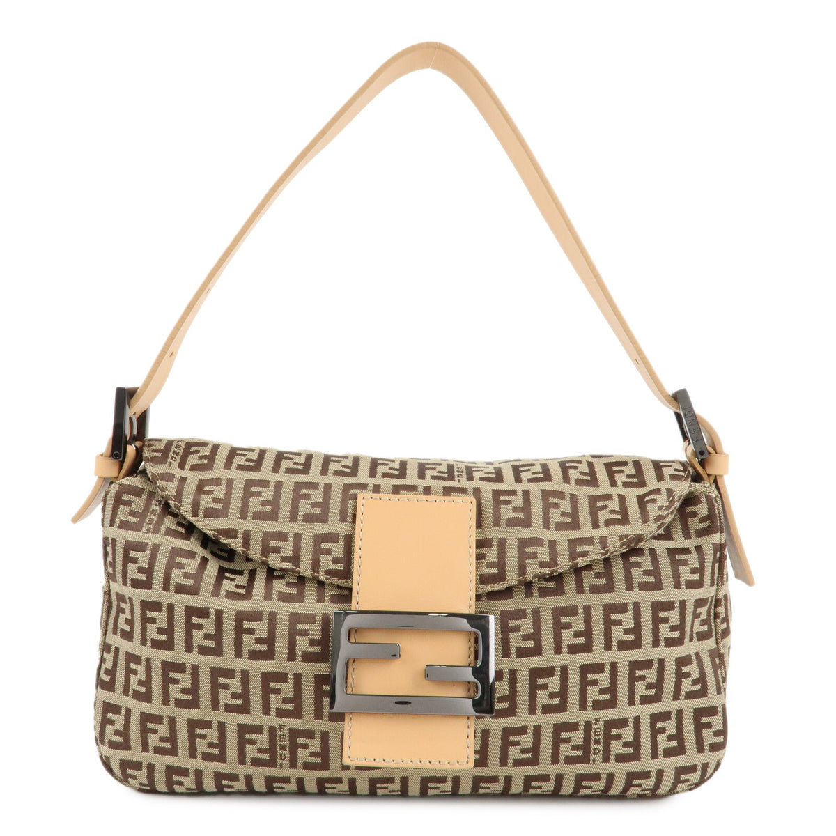 FENDI Zucchino Canvas Womens Shoulder Bag Beige Leather 8BR003 Preowned Auth0