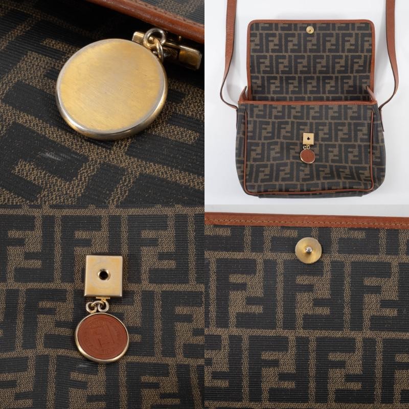 FENDI Zucca PVC Leather Crossbody Shoulder Bag FF Logo Flap Brown Preowned Auth11