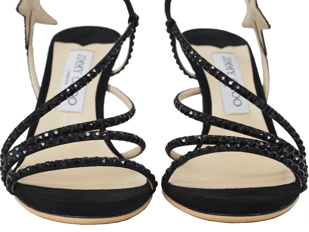 Auth Jimmy Choo Lynn100 Sandals Black Women's 38 Suede Jewel Stone Star Reuse1