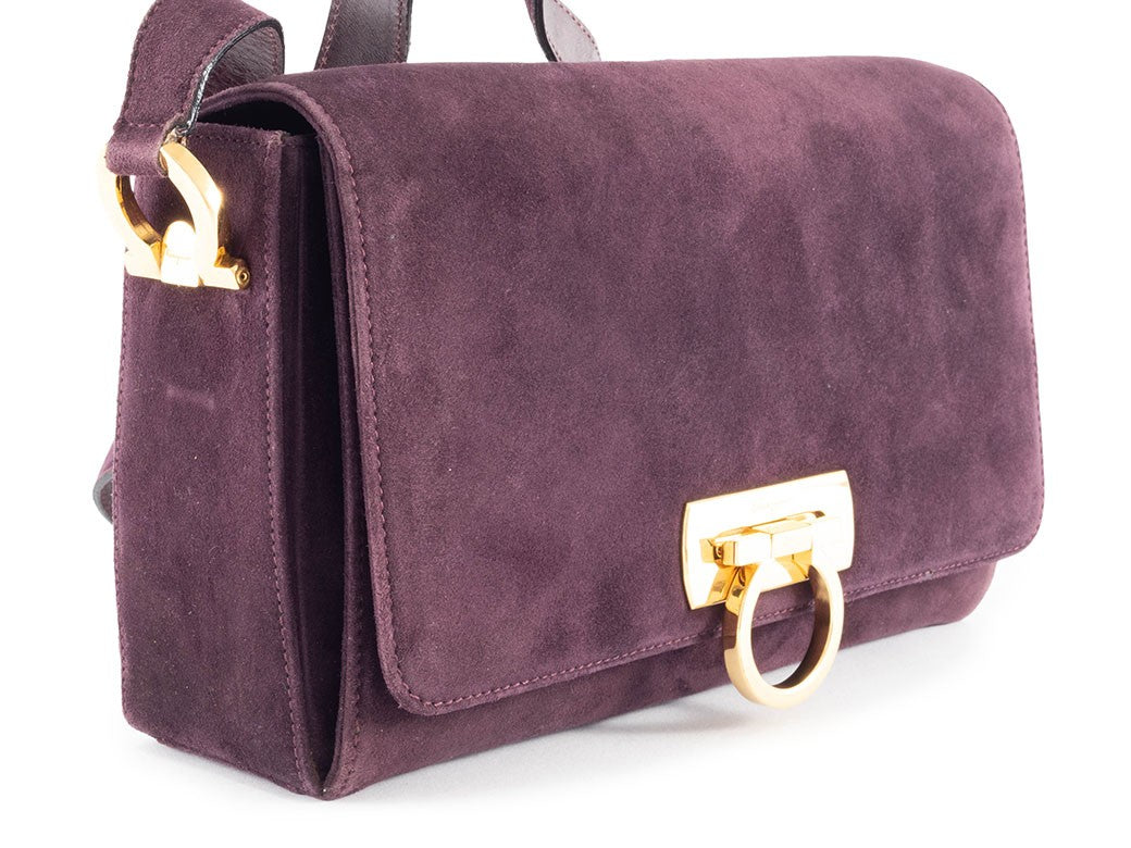 Salvatore Ferragamo Gancini Logo Crossbody Shoulder Bag Suede Purple Preowned1