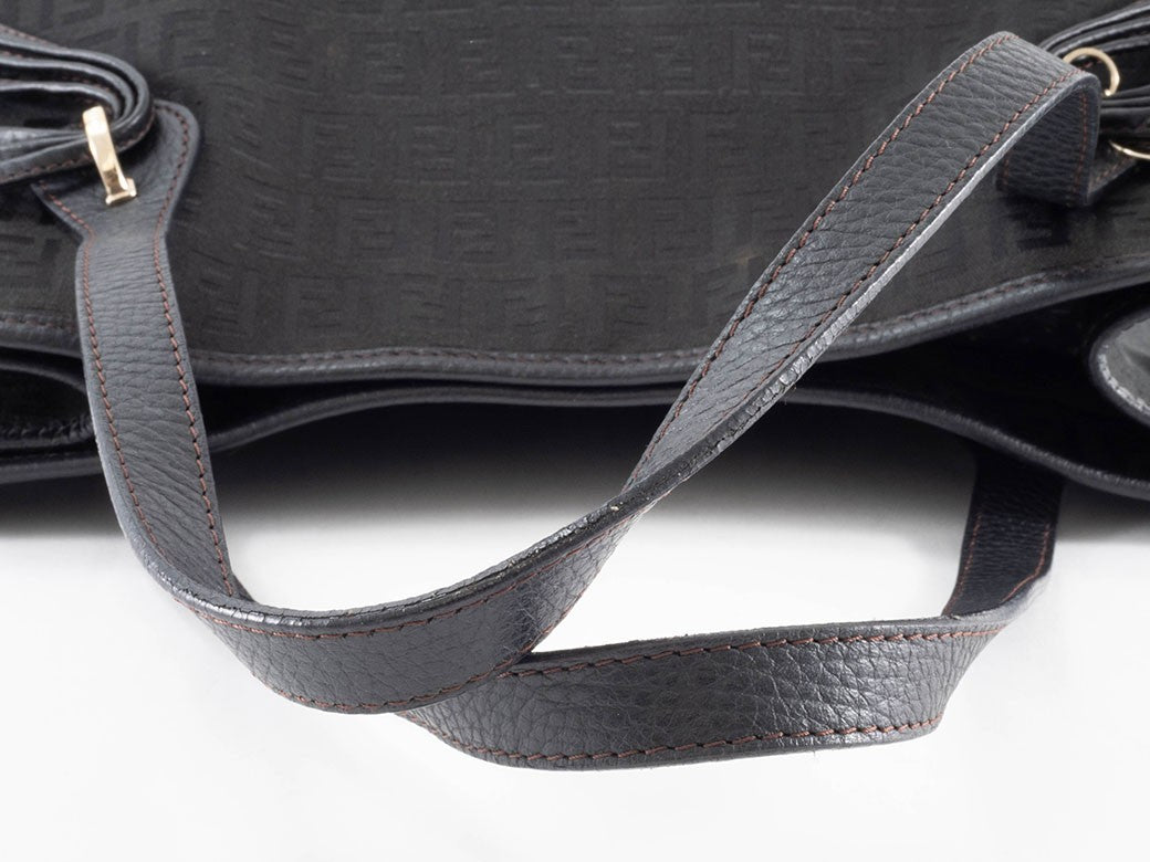 FENDI Zucchino Black Canvas Leather Shoulder Tote Bag 8BH153 Preowned Auth5
