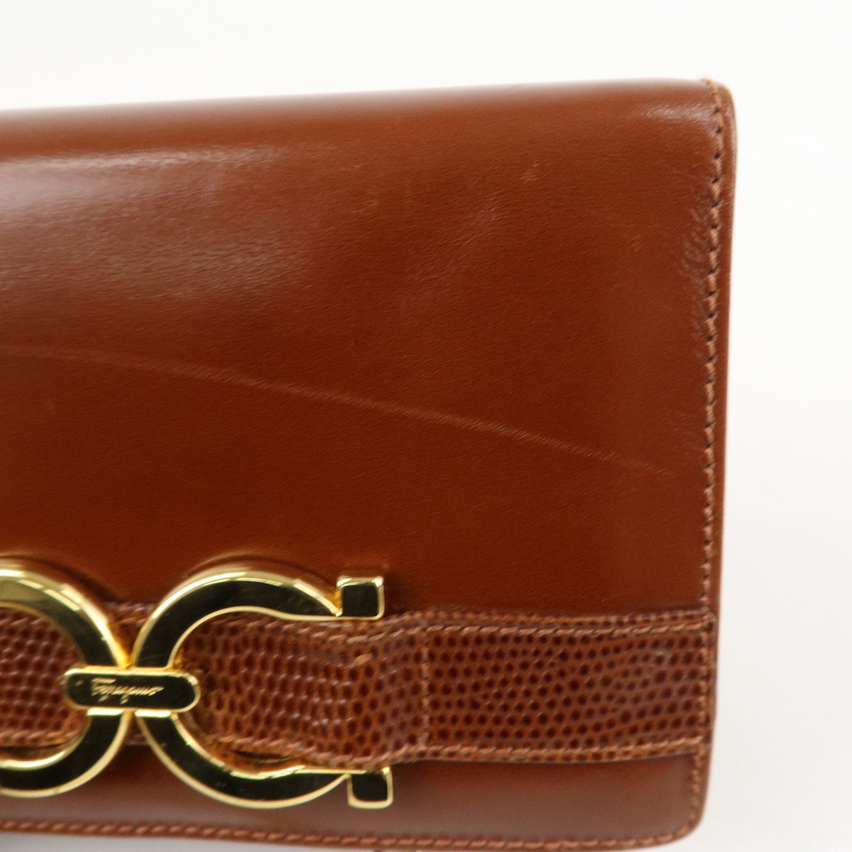 Ferragamo Gancini Leather Chain Shoulder Bag Brown Gold HDW Authentic Used F/S15