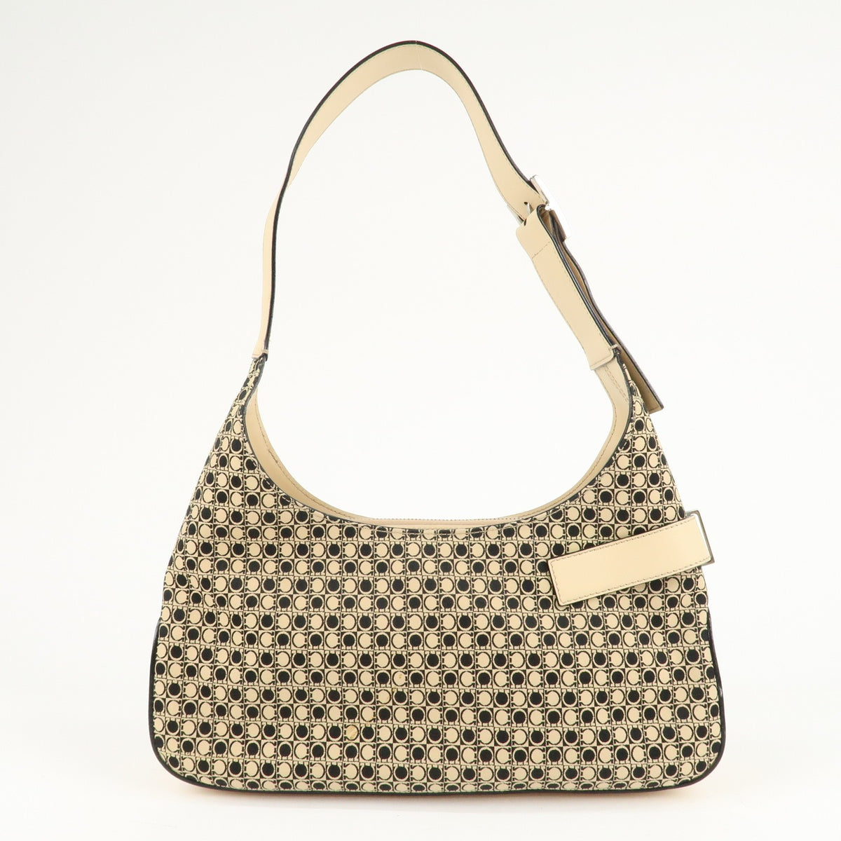 Ferragamo Gancini Hobo Shoulder Bag Canvas Leather Beige Black Preowned Auth1