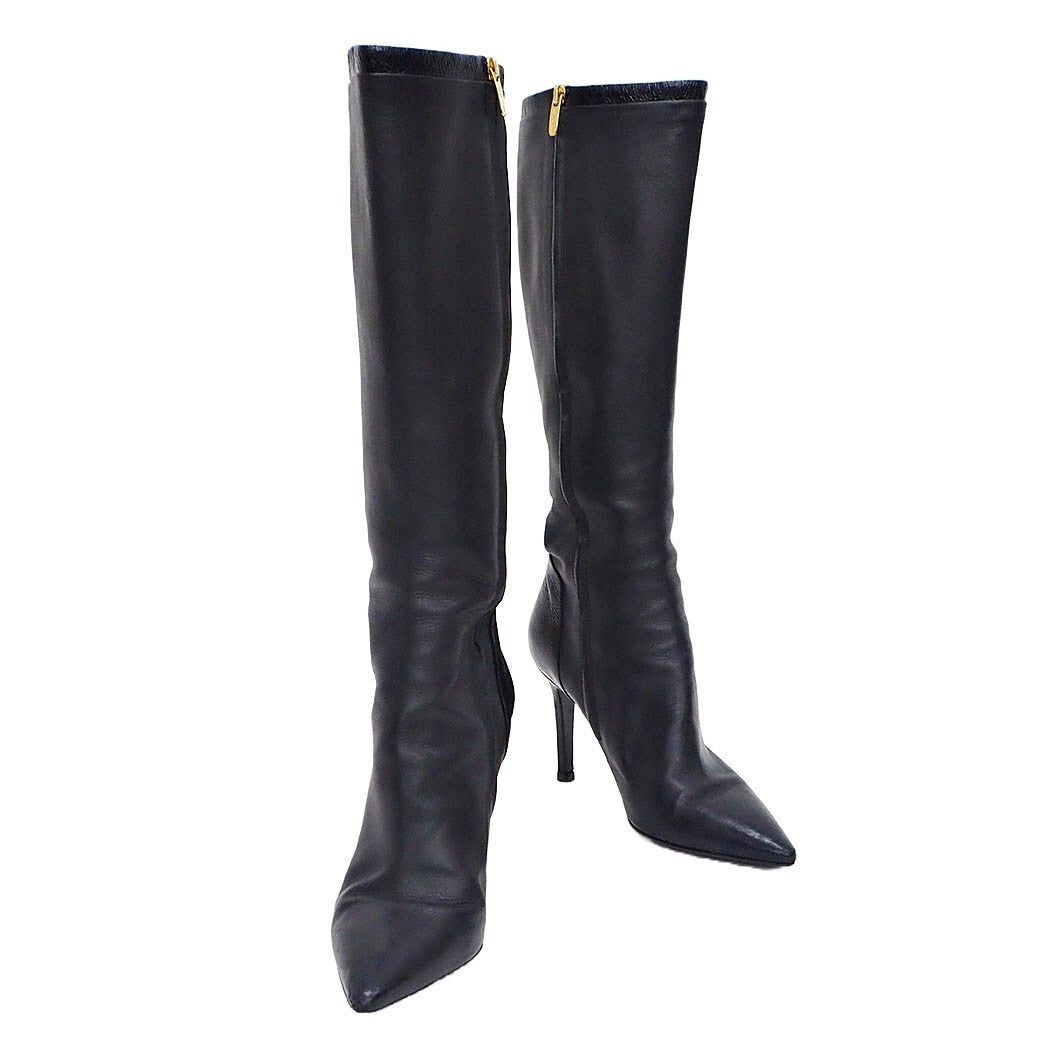 Sergio Rossi Black aU8262.002 Women's Leather Long Boots 38 Preowned Reuse Used0