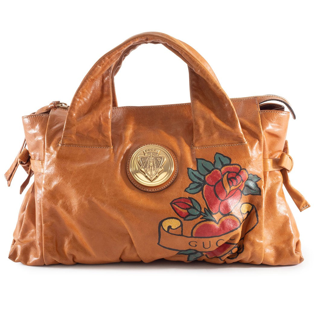 GUCCI Hysteria Floral Paint Brown Leather Handbag Flower Logo Preowned Auth0
