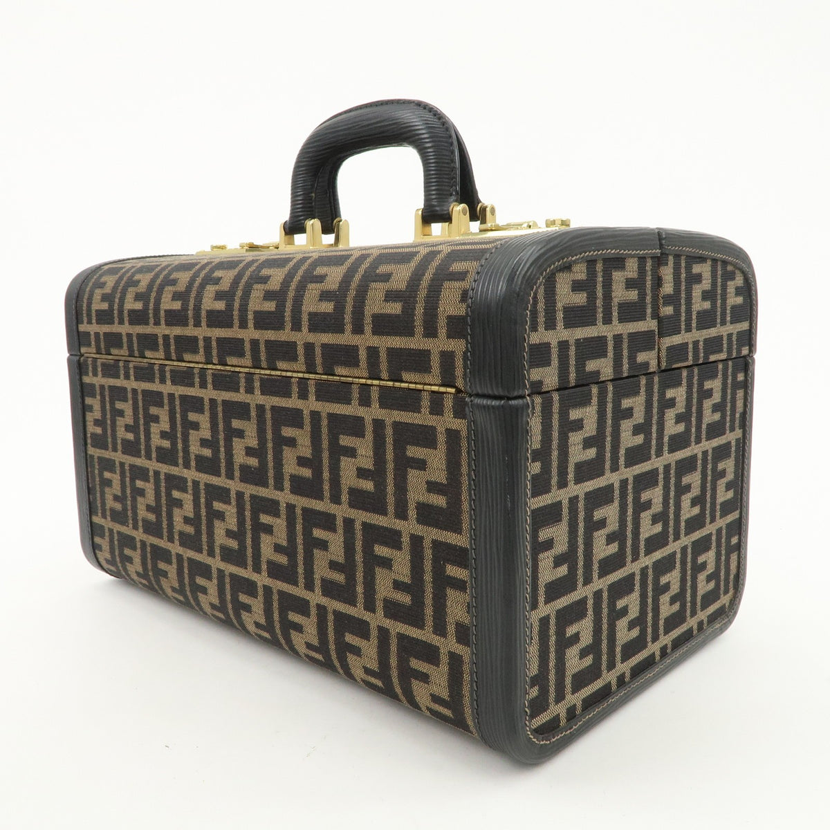 FENDI Zucca Canvas Leather Vanity Bag Makeup Box Brown Black Authentic Used F/S2