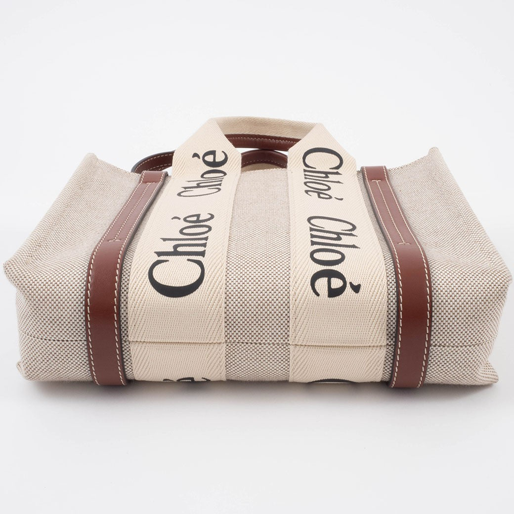 Chloe Woody Small Convertible Handbag Crossbody Bag Linen Brown White Preowned9