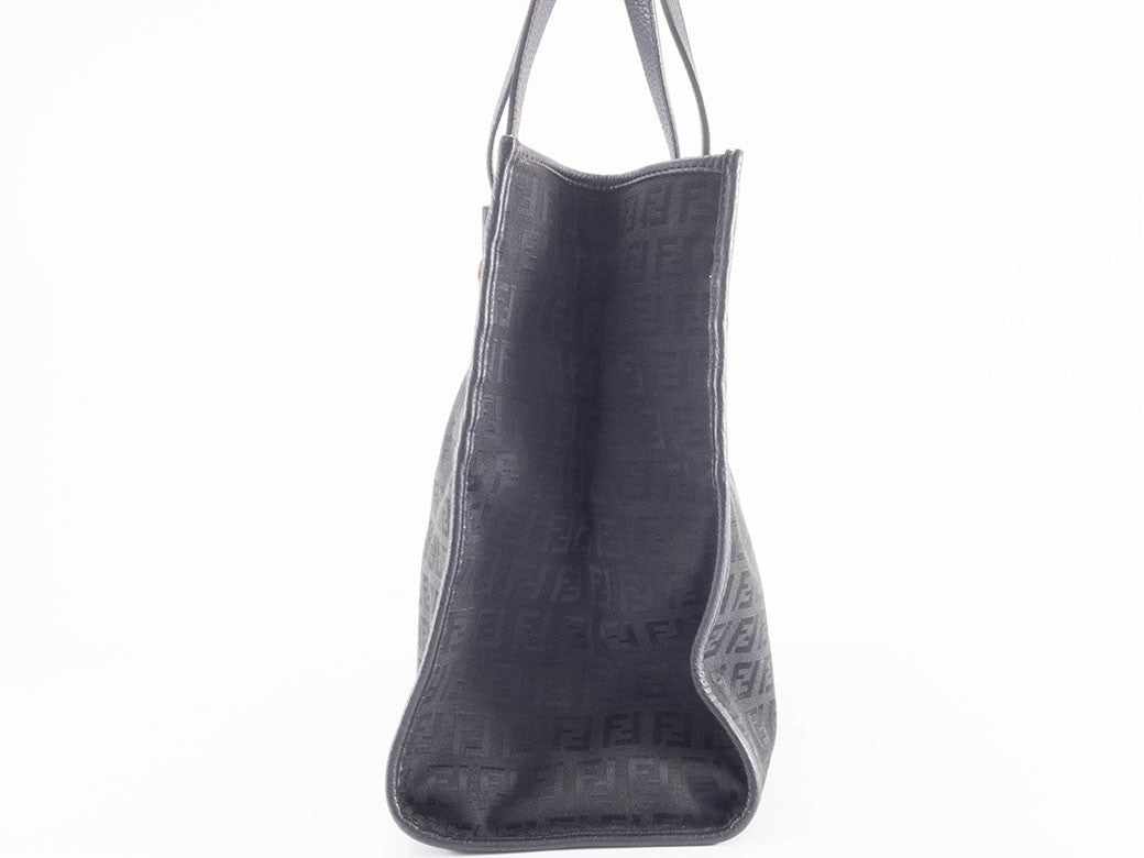 FENDI Zucchino Black Canvas Leather Shoulder Tote Bag 8BH153 Preowned Auth3