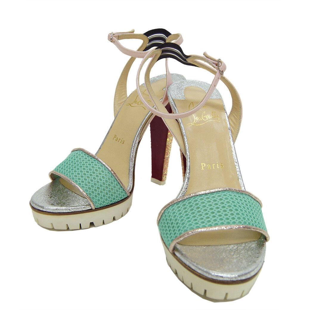 Christian Louboutin Platform Sandals Silver Green Women's 37.5 Reuse Used Preow0