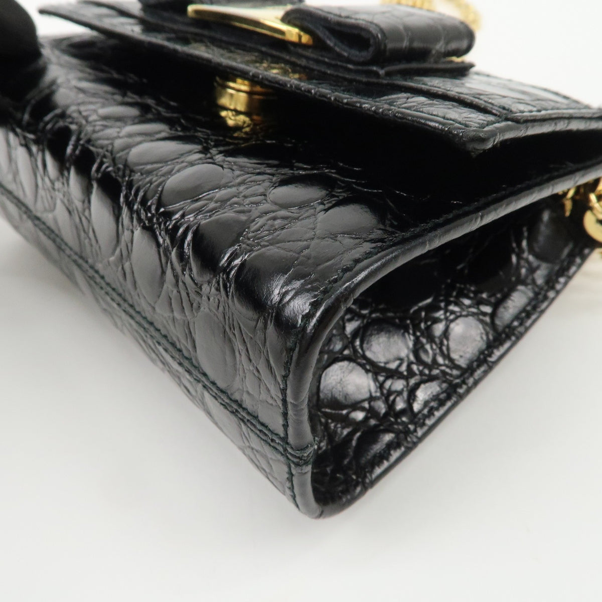 FERRAGAMO Vara Ribbon Chain Shoulder Bag Mini Black Leather Preowned Auth11