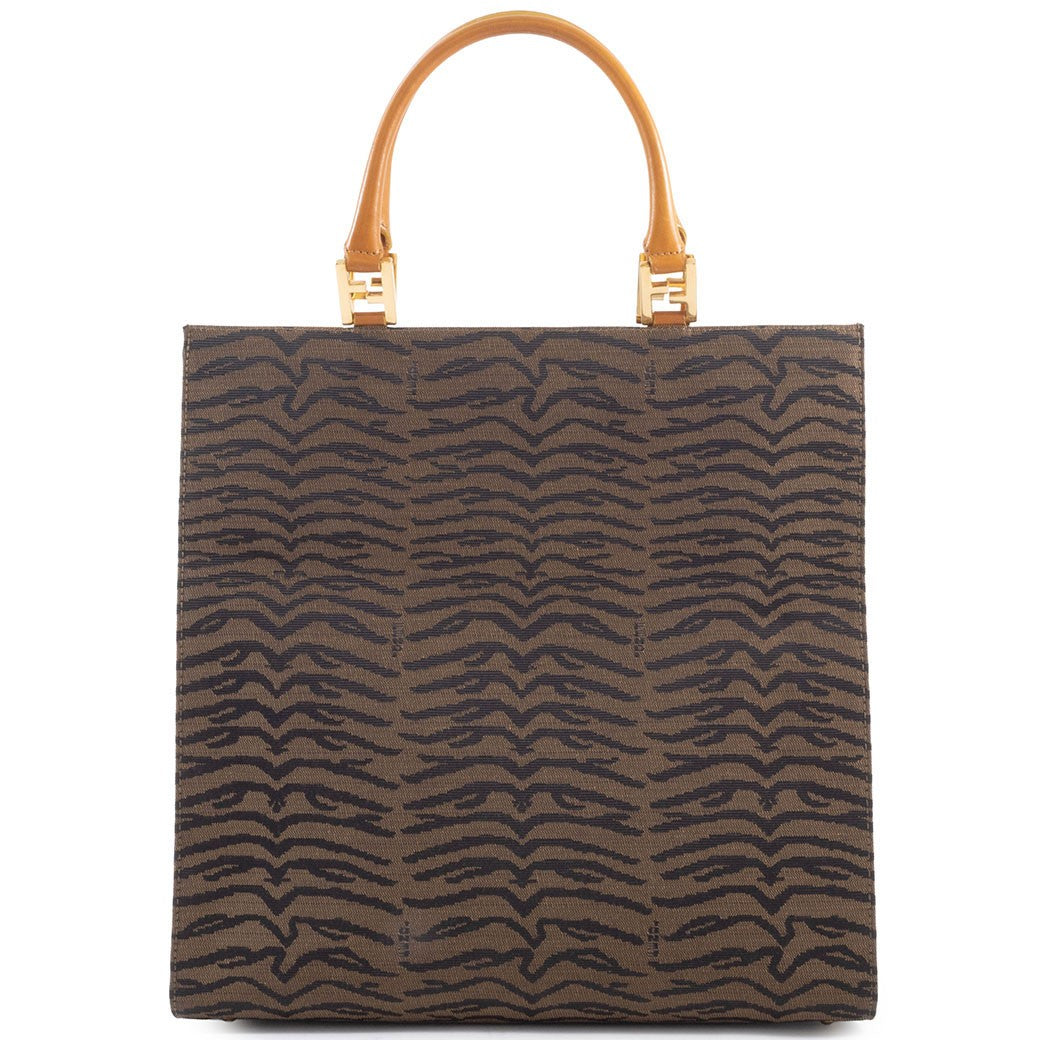 FENDI Zebra Print Tote Bag Canvas Leather Animal Pattern Brown Preowned Auth1