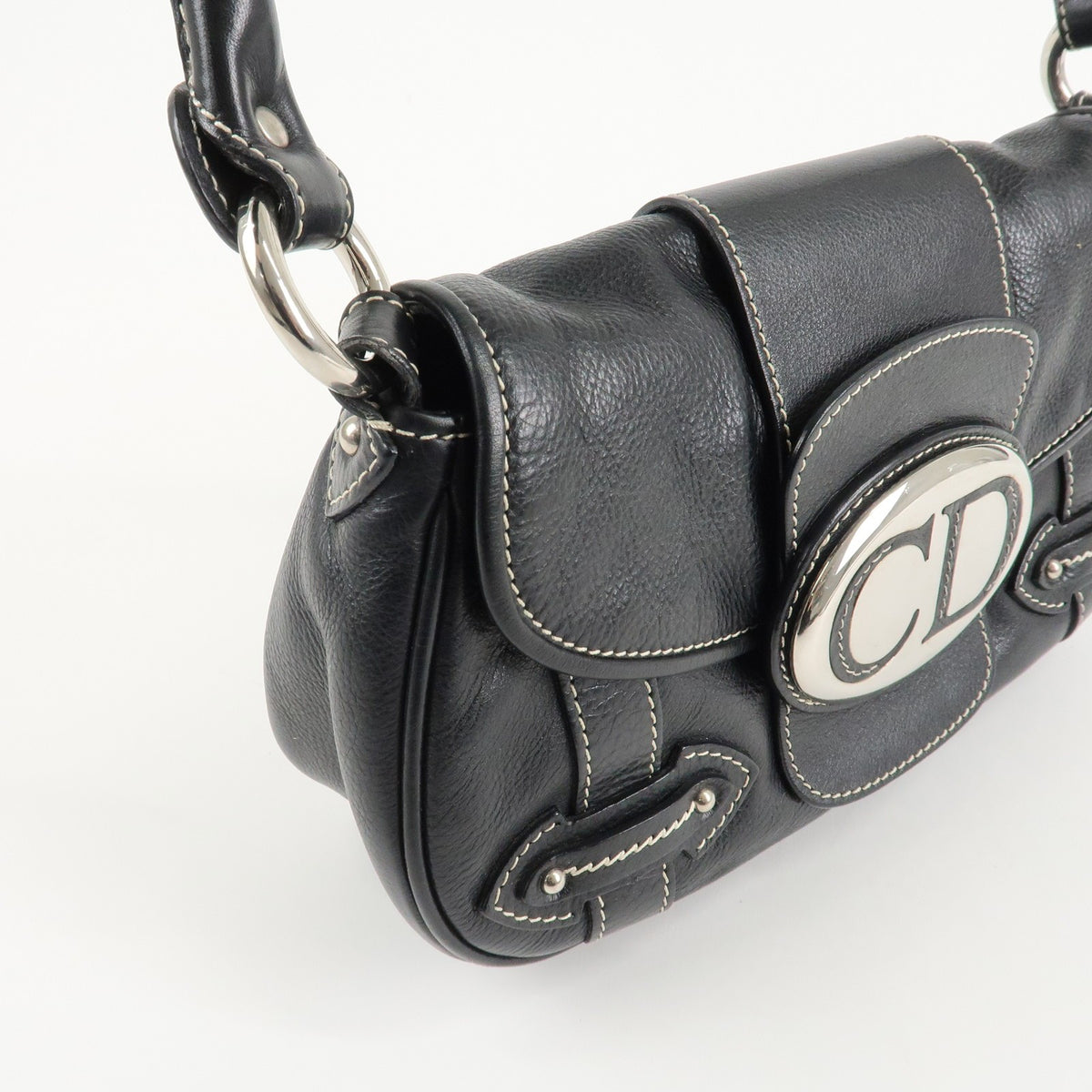 Christian Dior CD Logo Shoulder Bag Black Leather Womens Handbag Preowned Auth5