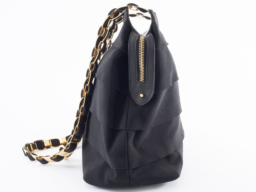 Ferragamo Vara Ribbon Womens Chain Shoulder Tote Bag Nylon Black Preowned Auth5