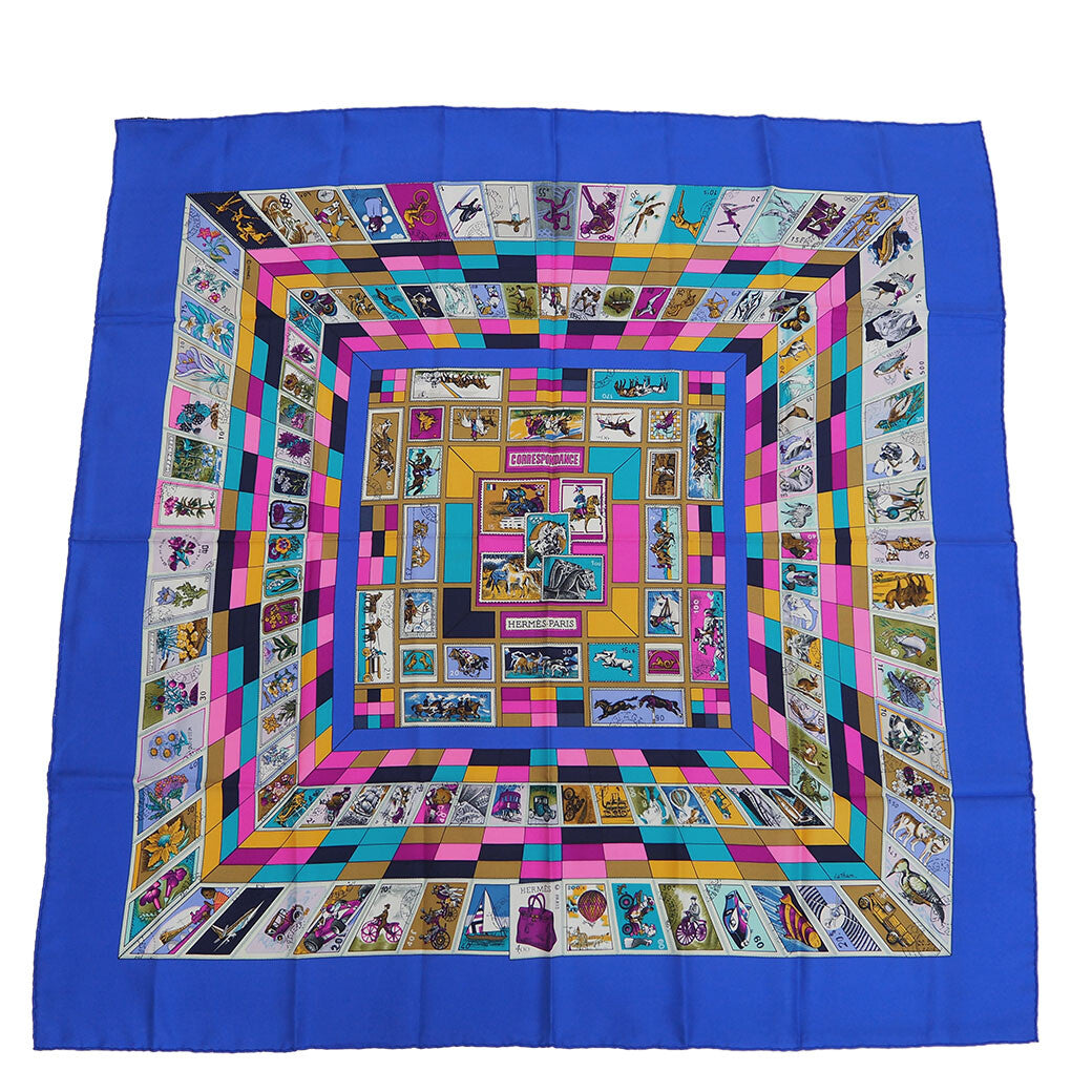 HERMES Carre 90 Scarf CORRESPONDANCE Blue Silk Stamps Latham Preowned Auth0