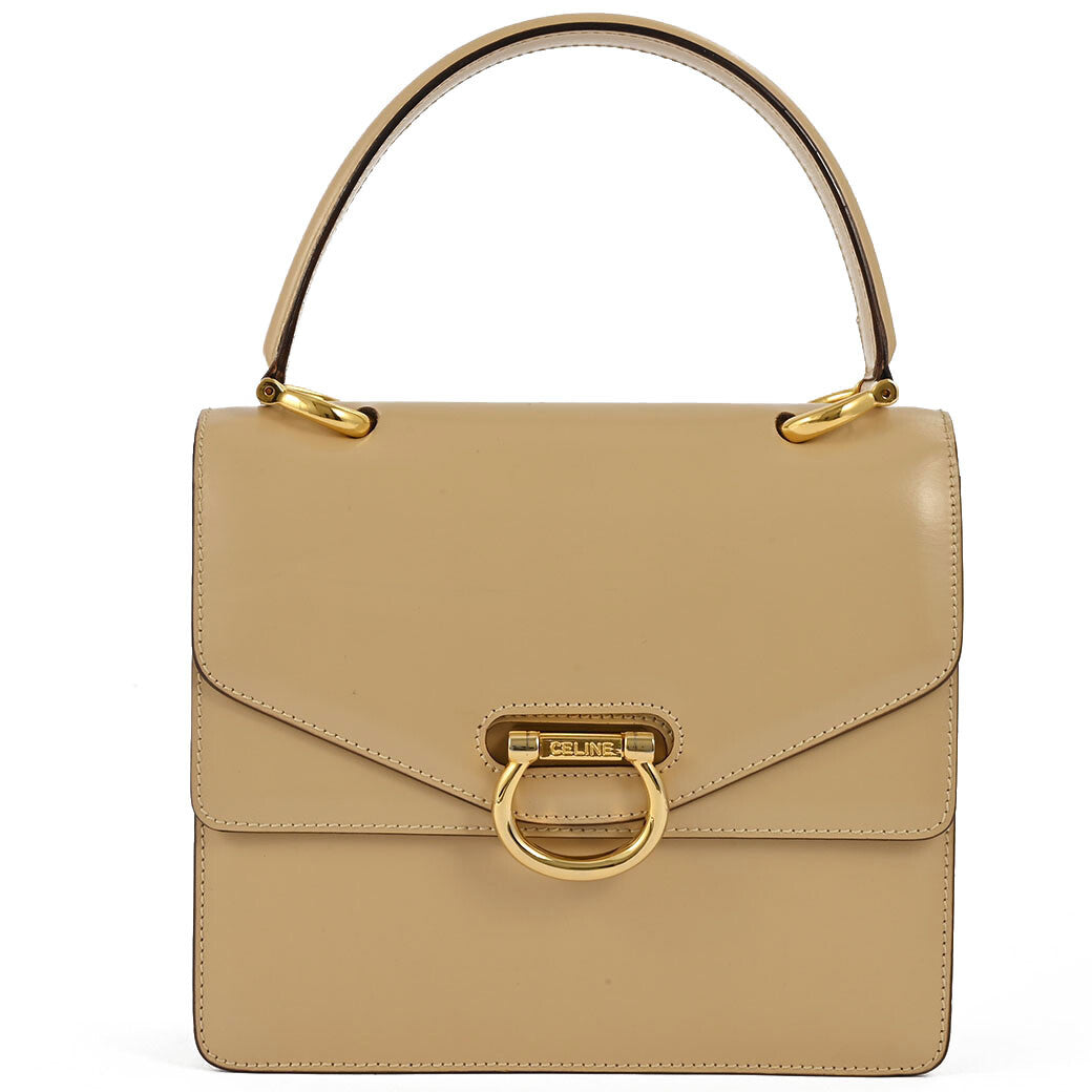 CELINE Old Celine Logo Ring W Flap Handbag Beige Leather Vintage Preowned Auth0