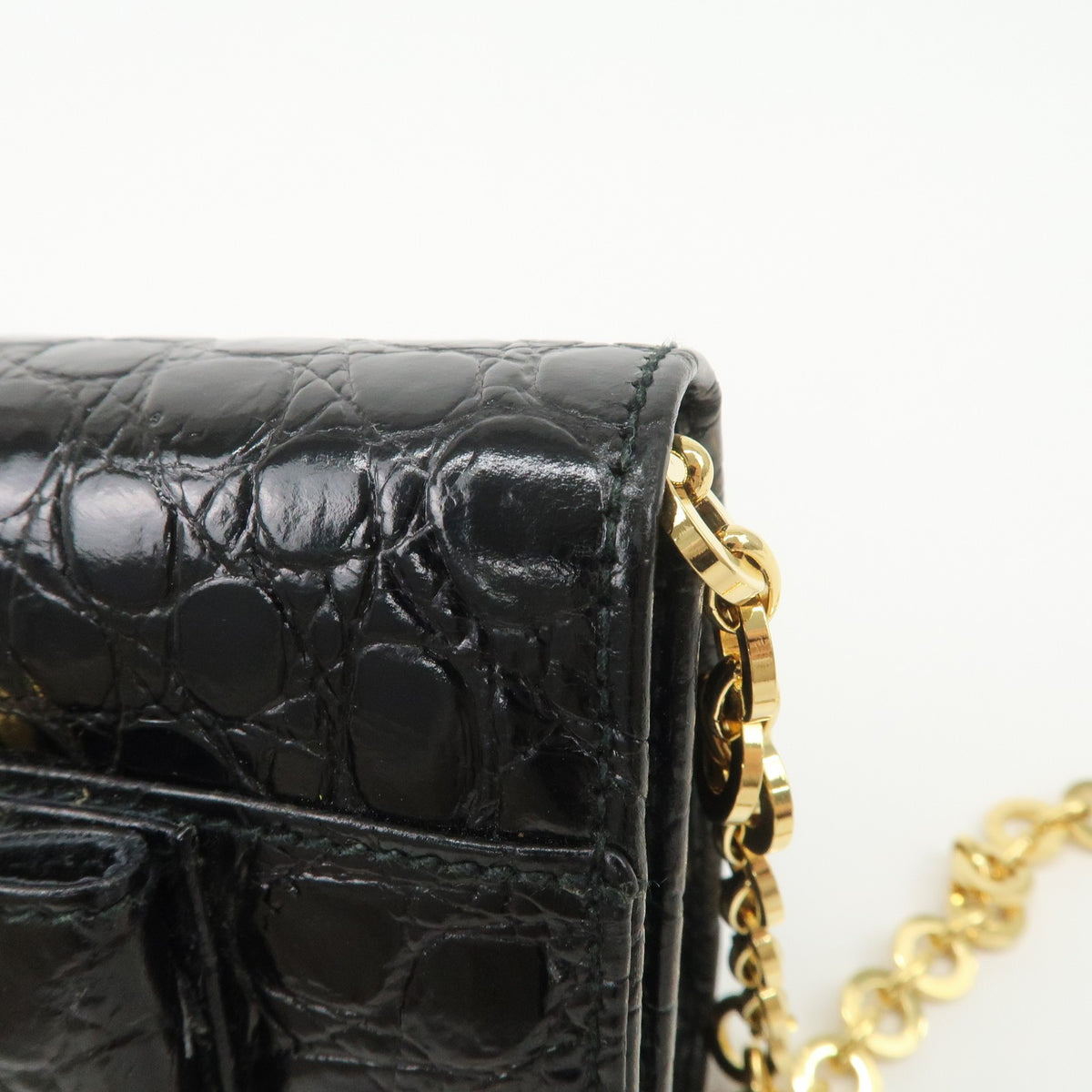 FERRAGAMO Vara Ribbon Chain Shoulder Bag Mini Black Leather Preowned Auth15