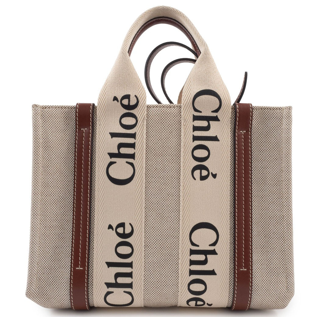 Chloe Woody Small Convertible Handbag Crossbody Bag Linen Brown White Preowned2