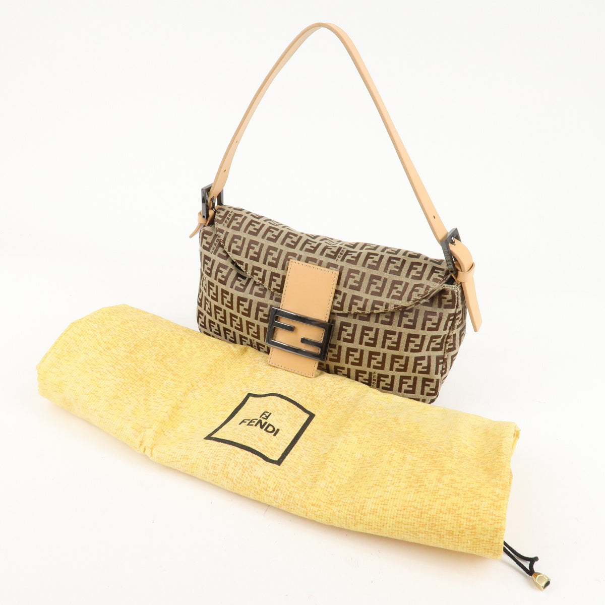 FENDI Zucchino Canvas Womens Shoulder Bag Beige Leather 8BR003 Preowned Auth16