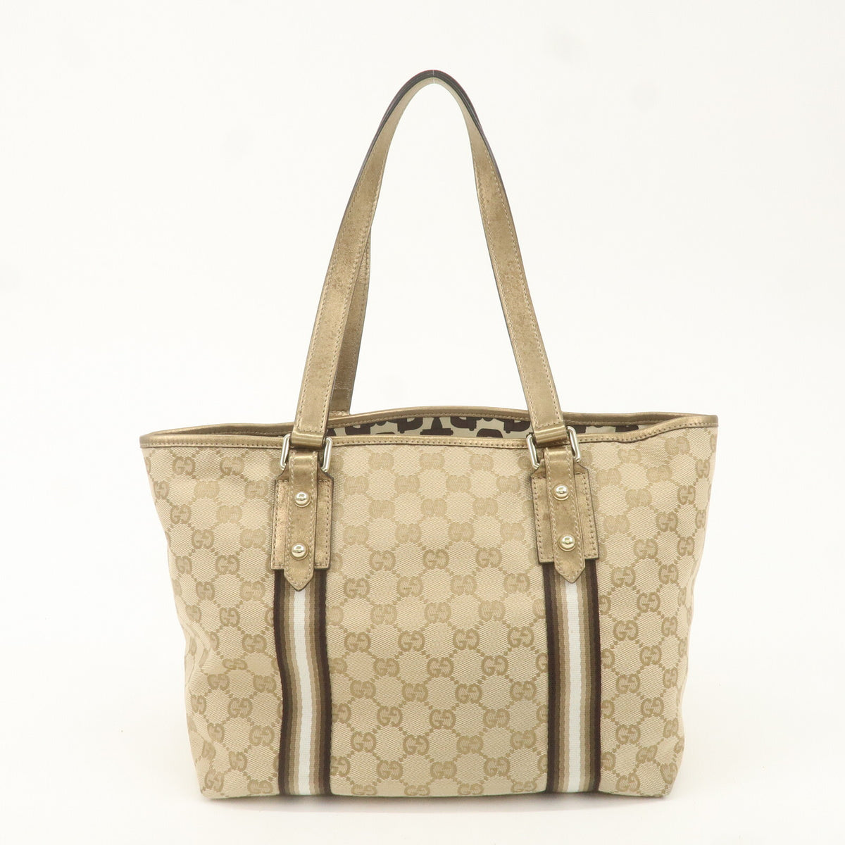 GUCCI GG Canvas Leather Beige Gold Women Shoulder Tote Bag 137396 Preowned Auth1