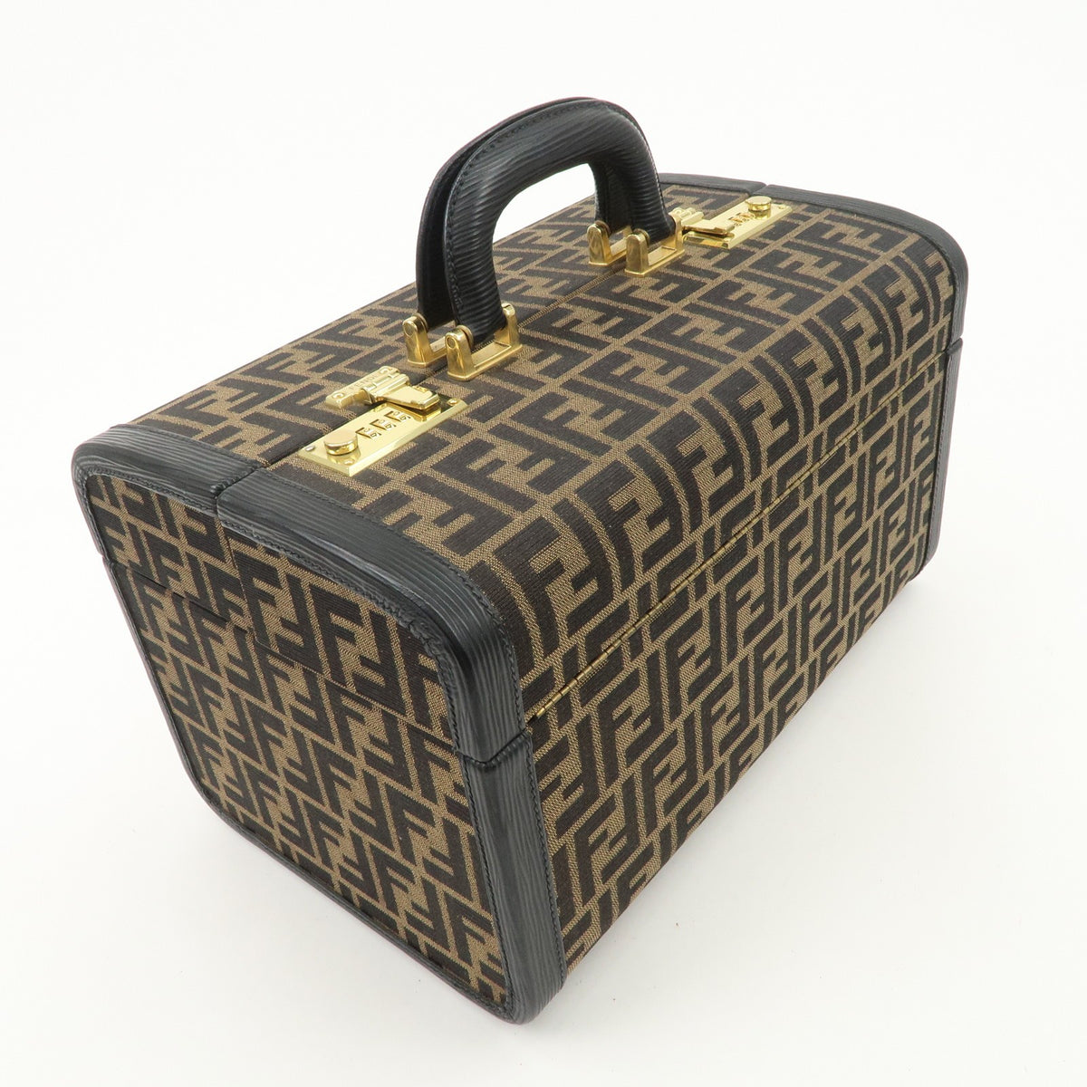 FENDI Zucca Canvas Leather Vanity Bag Makeup Box Brown Black Authentic Used F/S3
