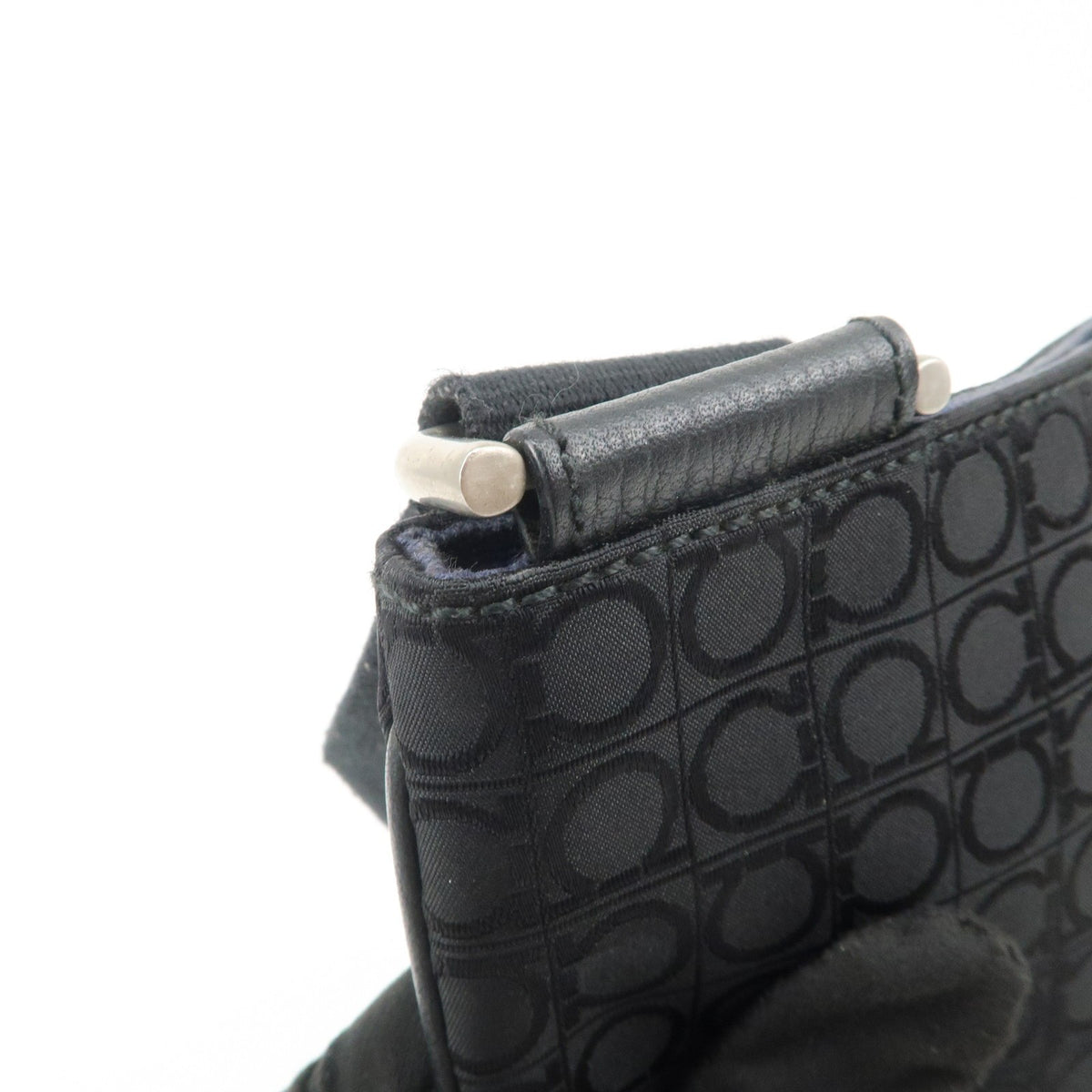 Ferragamo Gancini Canvas Shoulder Bag Black Silver HDW Authentic Used F/S17