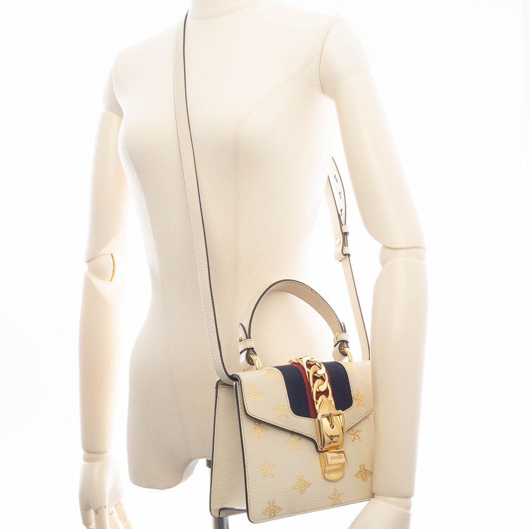 GUCCI Bee Star Mini Sylvie Convertible Handbag White Crossbody 470270 Preowned13
