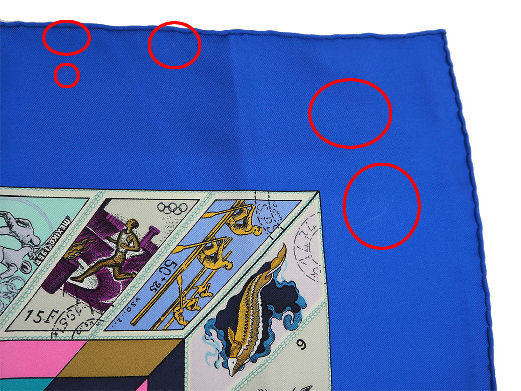 HERMES Carre 90 Scarf CORRESPONDANCE Blue Silk Stamps Latham Preowned Auth4