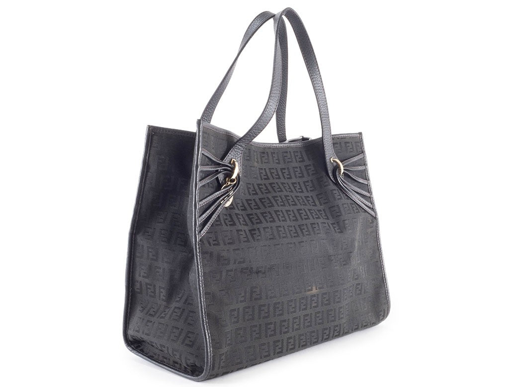 FENDI Zucchino Black Canvas Leather Shoulder Tote Bag 8BH153 Preowned Auth2