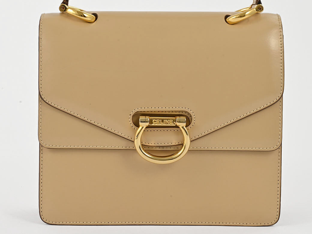CELINE Old Celine Logo Ring W Flap Handbag Beige Leather Vintage Preowned Auth1