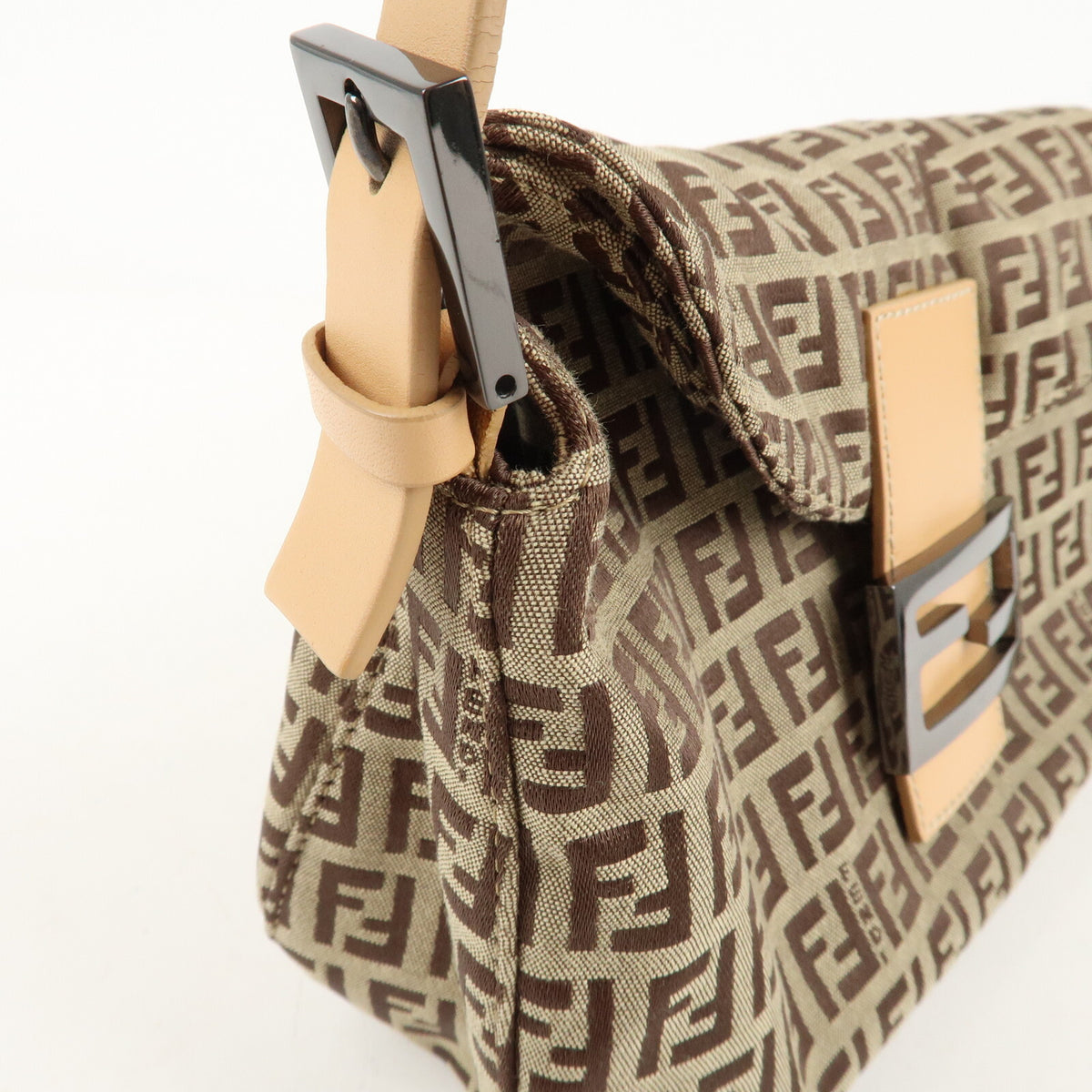 FENDI Zucchino Canvas Womens Shoulder Bag Beige Leather 8BR003 Preowned Auth5