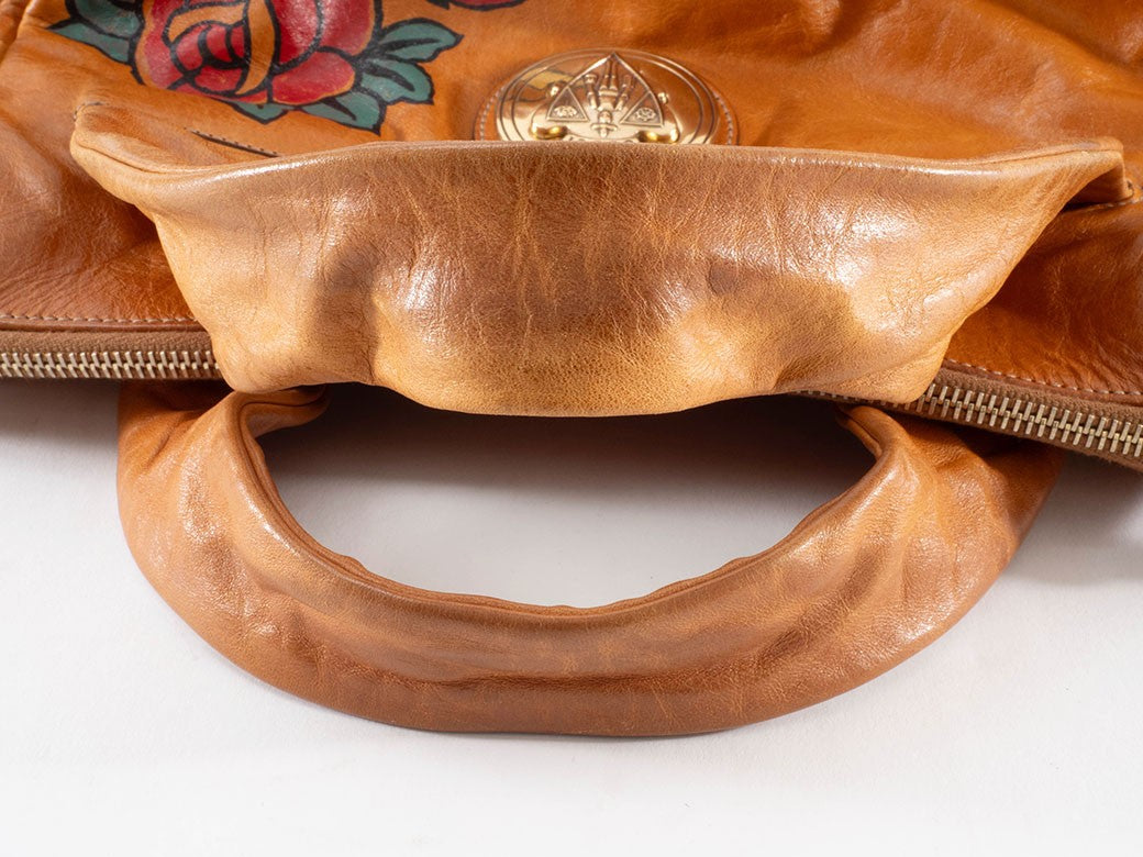 GUCCI Hysteria Floral Paint Brown Leather Handbag Flower Logo Preowned Auth18