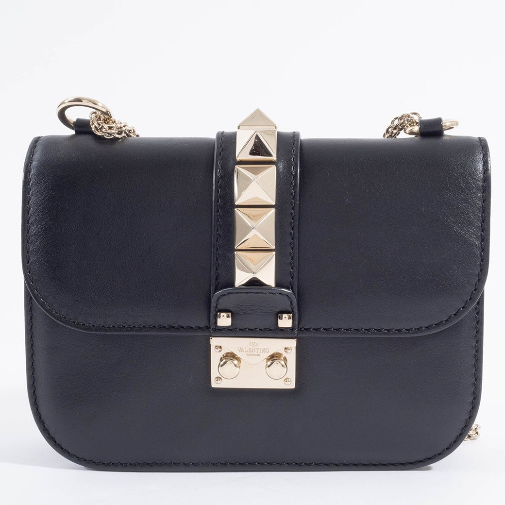 Valentino Garavani Rockstud Chain Shoulder Bag Black Leather Preowned Auth1