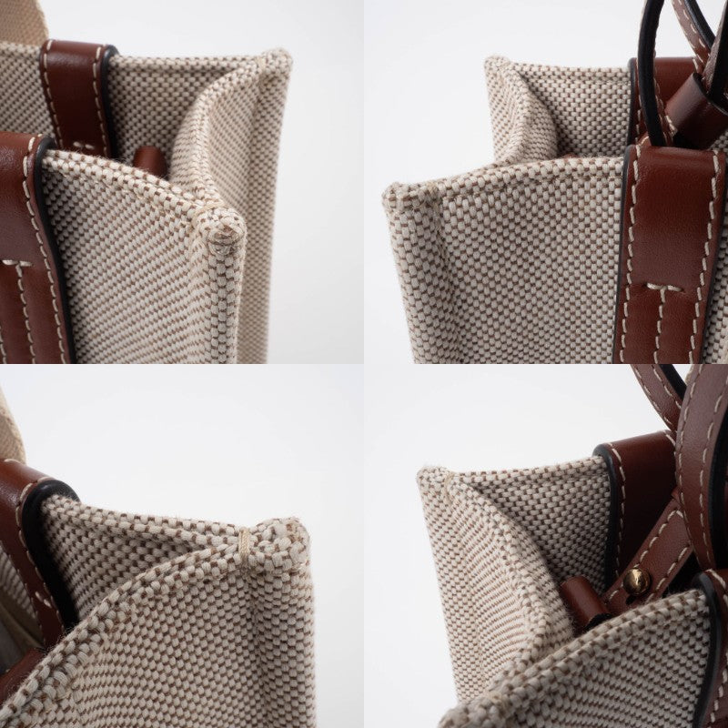 Chloe Woody Small Convertible Handbag Crossbody Bag Linen Brown White Preowned19