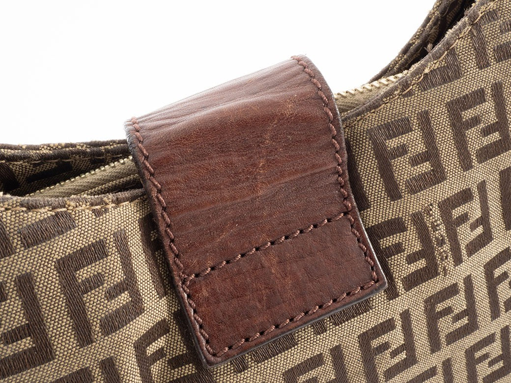 FENDI Zucca Zucchino Brown Canvas Leather Shoulder Bag Tote Hobo Preown Auth9