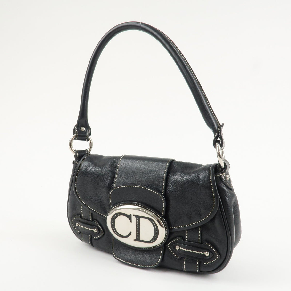 Christian Dior CD Logo Shoulder Bag Black Leather Womens Handbag Preowned Auth3