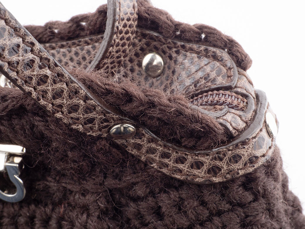 Ferragamo Wool Knit Accessory Pouch Womens Handbag Brown Charm Preowned Auth6