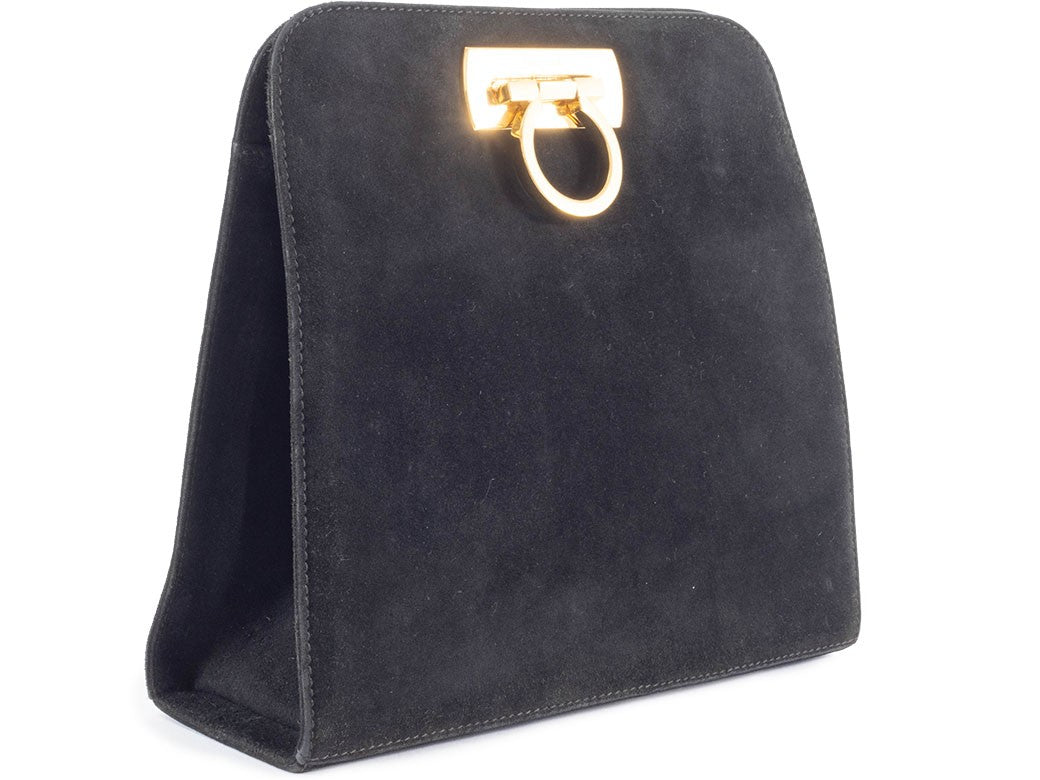 Salvatore Ferragamo Chain Shoulder Bag Suede Gancini Black P21 5241 Reuse Used1
