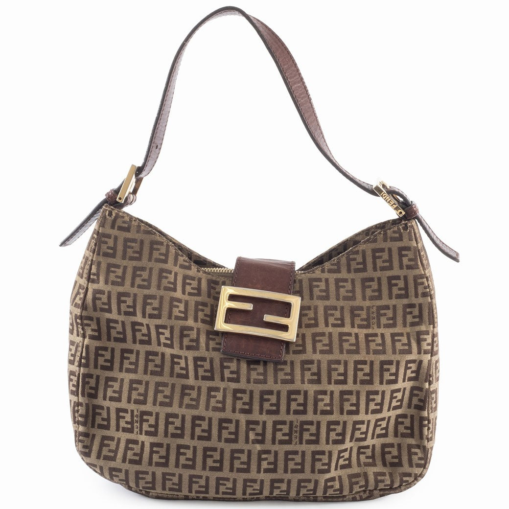 FENDI Zucca Zucchino Brown Canvas Leather Shoulder Bag Tote Hobo Preown Auth0