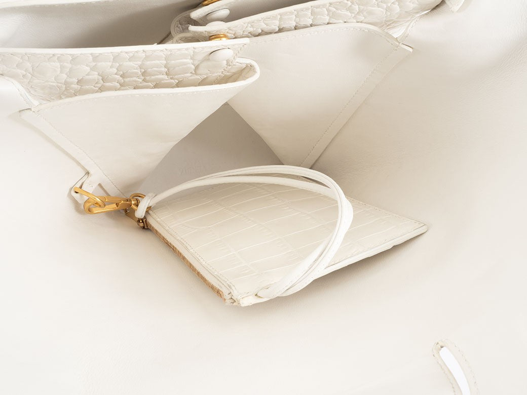 BOTTEGA VENETA Doll Handbag Crocodile Embossed Leather White Preowned Auth10