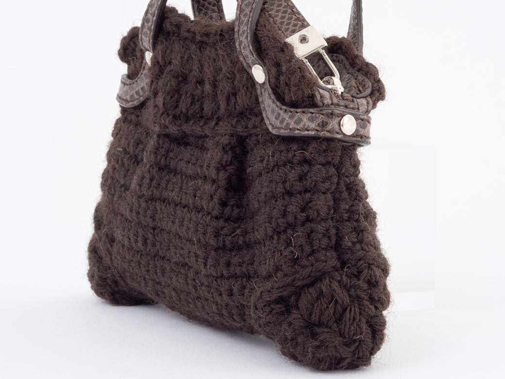 Ferragamo Wool Knit Accessory Pouch Womens Handbag Brown Charm Preowned Auth2