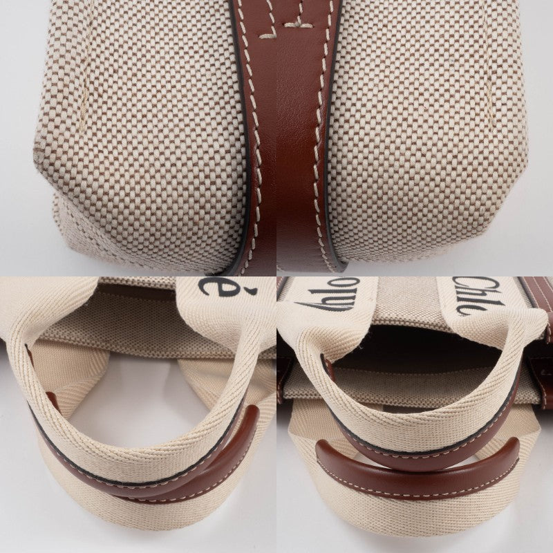 Chloe Woody Small Convertible Handbag Crossbody Bag Linen Brown White Preowned21